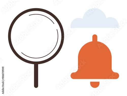 Digital notifications, search services, information alerts, task reminders, online tools, cloud interface. A magnifying glass next to a bell and cloud icon. Notifications and search services concept