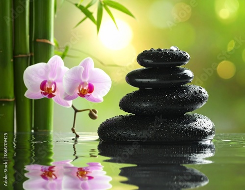 black spa stones stacked in water, floating orchid flowers, 