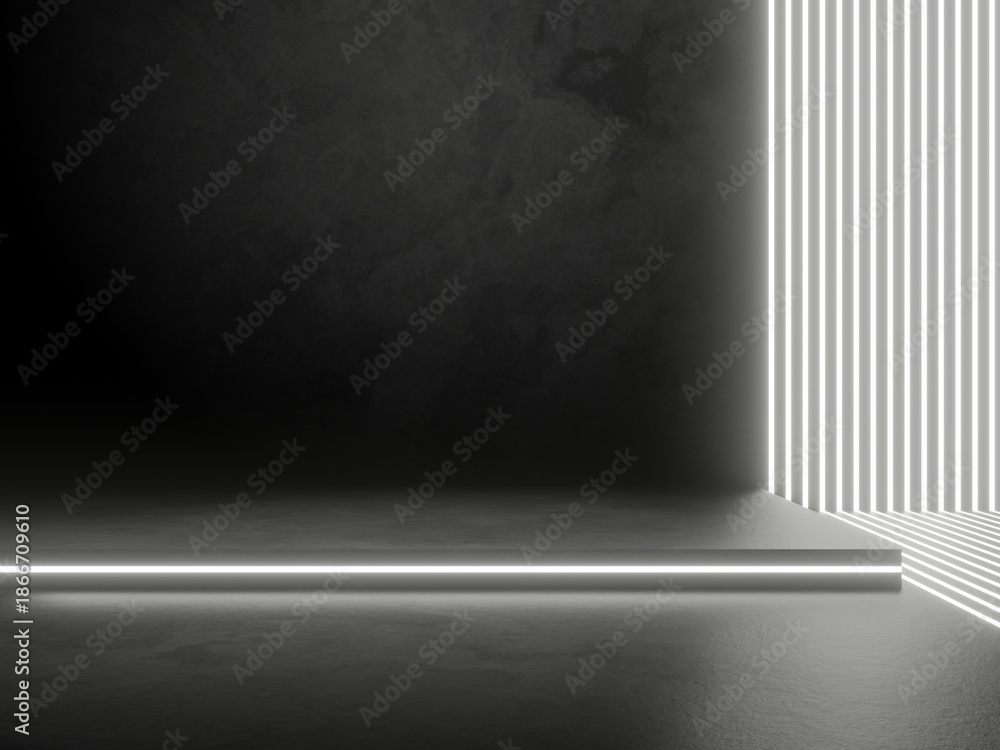 Obraz premium 3D concrete wall background with white stripped neon lights