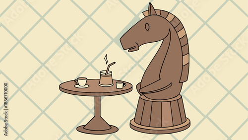 Chess knight enjoying tea