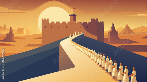 Procession approaching fortified castle