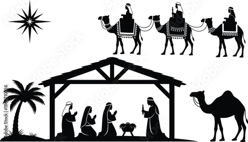 Nativity scene silhouette vector illustration with baby Jesus, Mary and Joseph, three wise men on camels, Christmas biblical story, black and white design