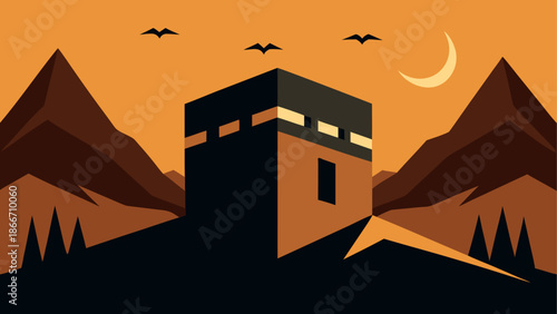 Haunted mountain tower at night