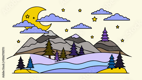 Serene mountain landscape under moonlit night