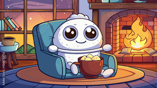 Cozy marshmallow enjoying popcorn by the fire