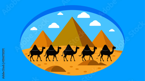 Camels traveling through desert with pyramids