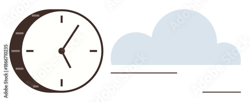 Time management, weather forecasting, scheduling, productivity, efficiency, conceptual design. A clock with a sleek design and a soft cloud shape. Time management and weather forecasting concept