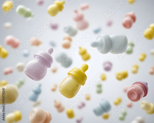 Delightful assortment of pastel baby bottles gracefully floating against a soft, bright background, embodying the pure essence of infancy and the cheerful anticipation of new life and growth