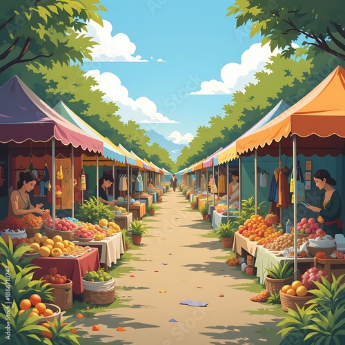 Walking Through Outdoor Market with Colorful Stalls on Sunny Day