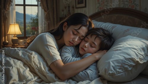Woman and Child Sleeping Peacefully in Bed Together