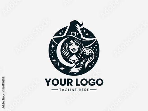 naughty witch holding moon black vector logo