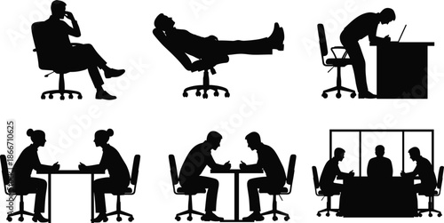 Office work silhouettes vector illustration, business people sitting at desks, meetings and computer work scenes, corporate workflow concept, black and white design