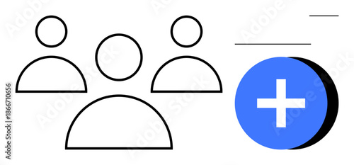 User management concept. User management with outlines of people and an add icon. User management tools, team building, account setup, collaboration, digital systems ation
