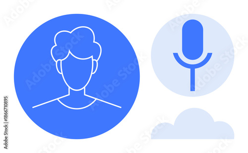 Artificial intelligence, voice recognition, cloud storage, user identity, digital technology, communication tools. Person profile in a circle, microphone and a cloud graphic. AI and voice