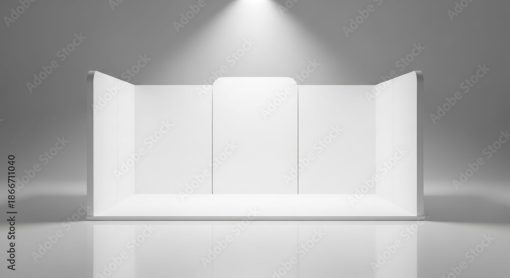 Fototapeta premium A clean, empty white exhibition booth illuminated by a single spotlight, ready for a trade show or display.