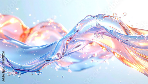 光をまとって流れる透明な水の抽象表現。クリーンで幻想的な背景。Abstract Flowing Water with Light Reflections Clean and Dreamy Background.