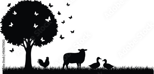 Peaceful countryside farm scene silhouette with tree butterflies livestock and birds, rural nature landscape, animal life harmony, minimalist pastoral vector illustration