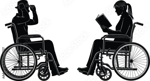 People in wheelchairs silhouette vector illustration, disabled man adjusting hat and woman reading book, accessibility lifestyle concept isolated on white background