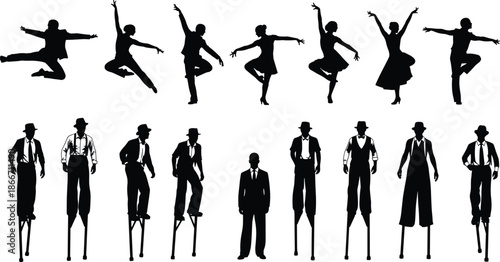 People silhouettes in dynamic poses and costumes, black vector illustration set showing dancers, performers and characters, creative movement, lifestyle and artistic expression concept