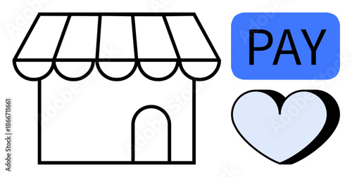 E-commerce, retail, payment methods, small business, customer loyalty, online shopping. storefront, Pay text and heart symbol. E-commerce and retail highlighted