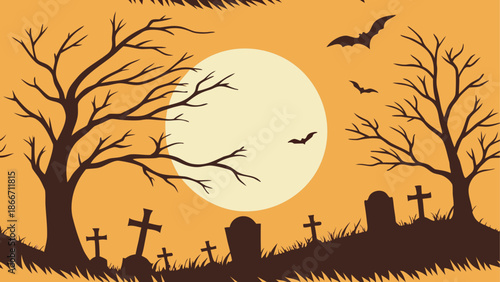 Eerie cemetery under full moon