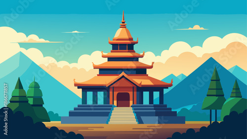 Traditional temple in mountainous landscape