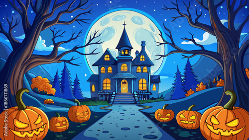 Enchanted haunted mansion under the full moon