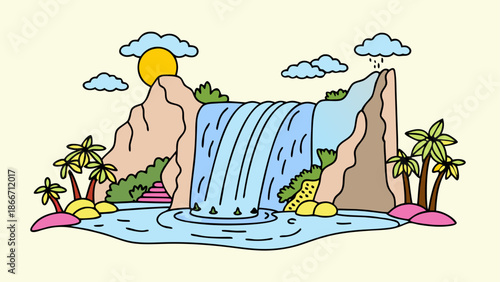 Tropical landscape with waterfall and sun