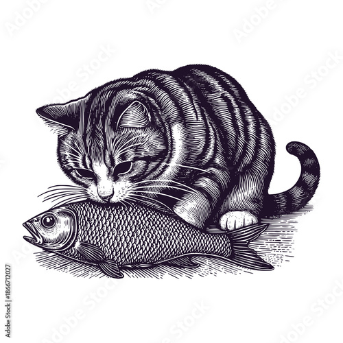 cat eats fish