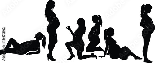 Pregnancy silhouette collection showing maternity stages, expecting women poses, motherhood journey, prenatal care concept, feminine body changes, baby anticipation vector illustration