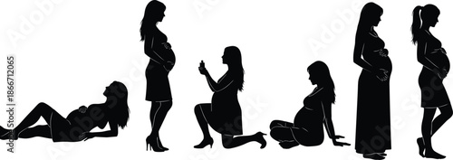 Pregnant women silhouettes in different poses, black vector illustration showing maternity stages, motherhood journey, pregnancy lifestyle concept, isolated on white background