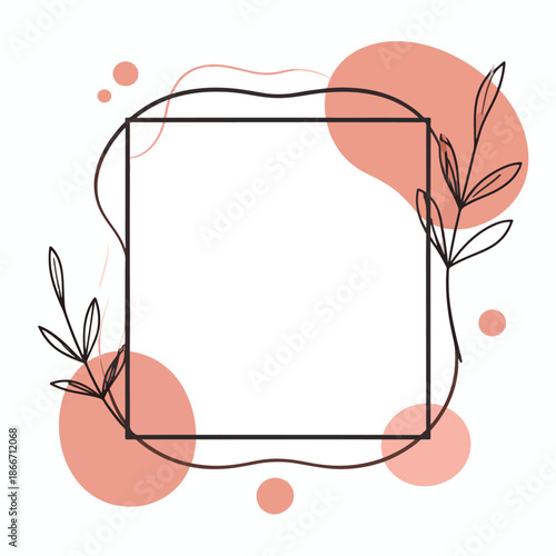 Elegant Botanical Line Art Square Frame with Abstract Organic Shapes Illustration
