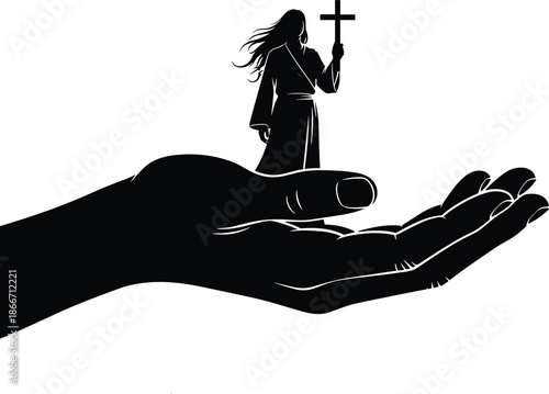 Protective hand holding religious figure with cross, faith guidance and spiritual protection, belief and trust concept, divine support, hope and devotion vector illustration