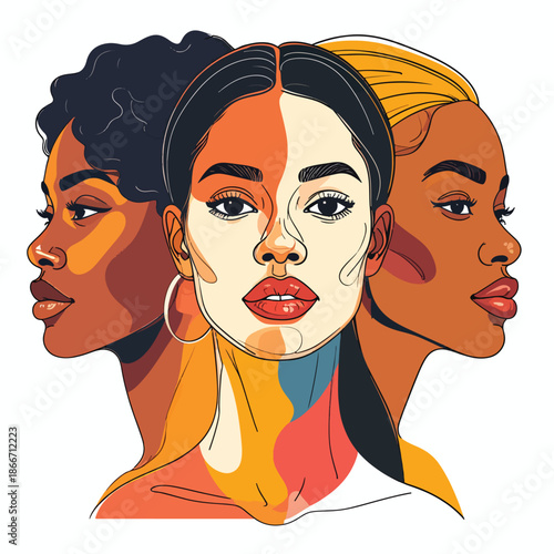 Modern vector art depicting diverse women's faces, celebrating individuality and connection