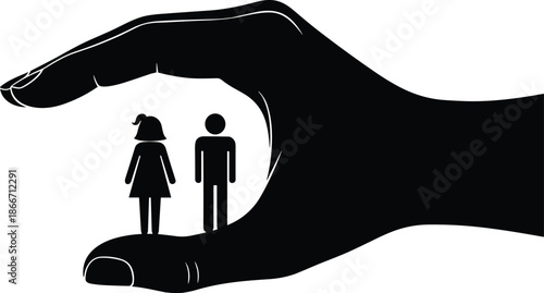 Protective hand silhouette sheltering man and woman icons, family safety and care concept, social protection and insurance symbol, black and white vector illustration