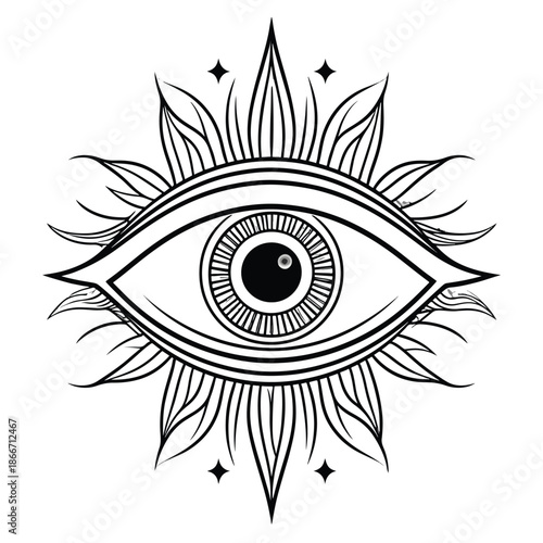 Mystical All-Seeing Eye Symbol Illustration with Radiant Eyelashes and Star Accents