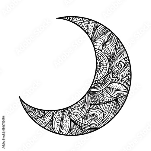 Ornate Crescent Moon Vector Art with Intricate Patterns for Decorative Design