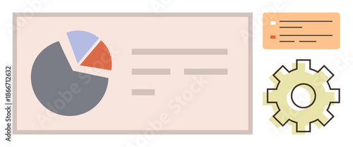 Data visualization, business strategy, workflow, process management, analytics, reporting. A pie chart with labels, text blocks and gear icon. Data visualization and business strategy concept
