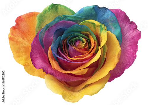 Multicolored rose with concentric swirls of color against a dark background