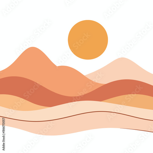 Abstract vector illustration of a desert mountain landscape with a warm sun
