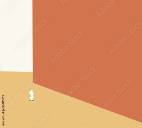 Nun in white dress walking on modern city street. Creates an atmosphere of peace. Religious and culture.