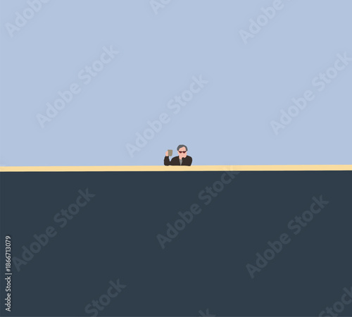 Elderly man sip coffee on rooftop of building under blue sky enjoying view. Retirement activity in the morning. 