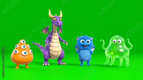 Four Animated Cartoon Monsters and Dragon Dancing on Green Screen