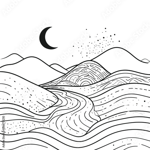 Serene Night Landscape Illustration with Flowing River and Crescent Moon Amidst Rolling Mountains