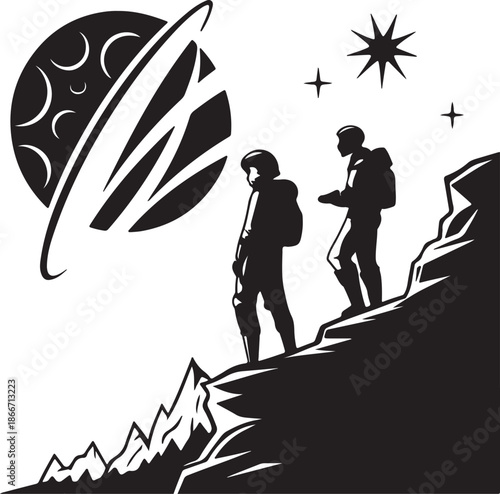 Explorers discovering a new planet landscape silhouette black design