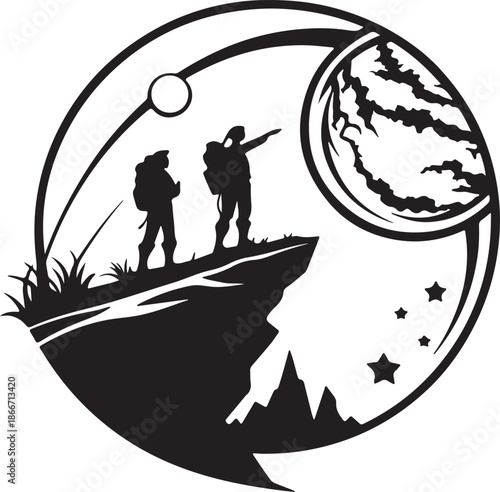 Explorers discovering a new planet landscape silhouette black design