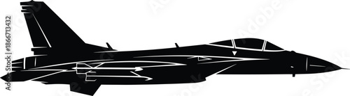 Modern military fighter jet silhouette, supersonic combat aircraft profile, air force defense aviation concept, black and white vector illustration design