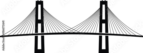 Modern suspension bridge silhouette illustration, symmetrical cable stayed structure spanning river, urban transportation infrastructure design, minimal black and white vector artwork