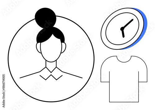 Time management, fashion trends, productivity concepts, modern minimalism, personal identity, lifestyle planning. Outline of a woman, wall clock and shirt. Time management and fashion trends