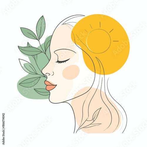 Minimalist Line Art Woman's Profile with Botanical Elements and Sun for Wellness